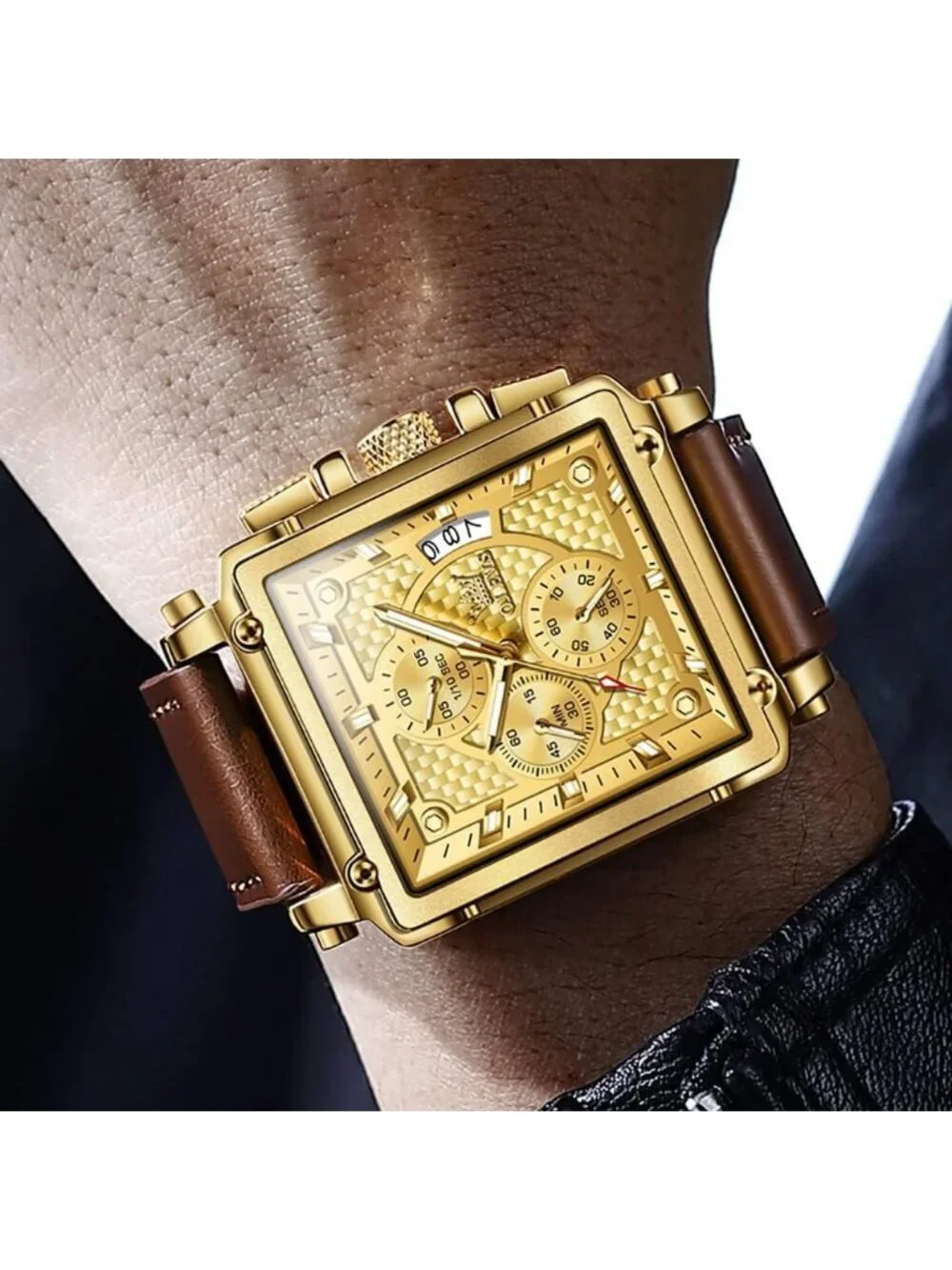 Men's Gold Quartz Leather Strap Waterproof Casual Trendy Square Dial Wristwatch
